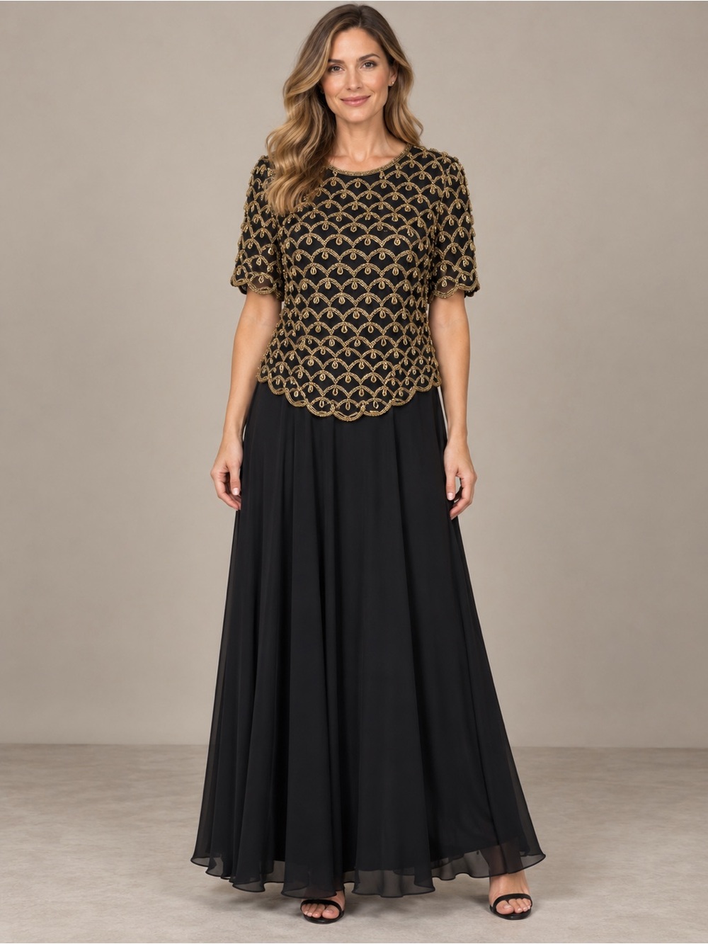 VINTAGE Scala Black‎ Gold Beaded Evening Gown Dress XL Formal Prom Cocktail